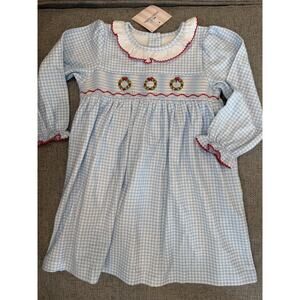 James & Lottie Smocked Gingham Blue White Pima Cotton Christmas Dress 2T NWT